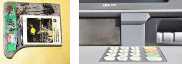 Η κατασκοπευτική κάμερα για ένα skimmer ATM, κρυμμένη πίσω από μια πρόσοψη